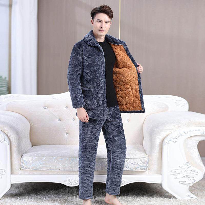 。老人睡衣男三层夹棉珊瑚绒中老年冬季加厚加绒爸爸保暖套装家居