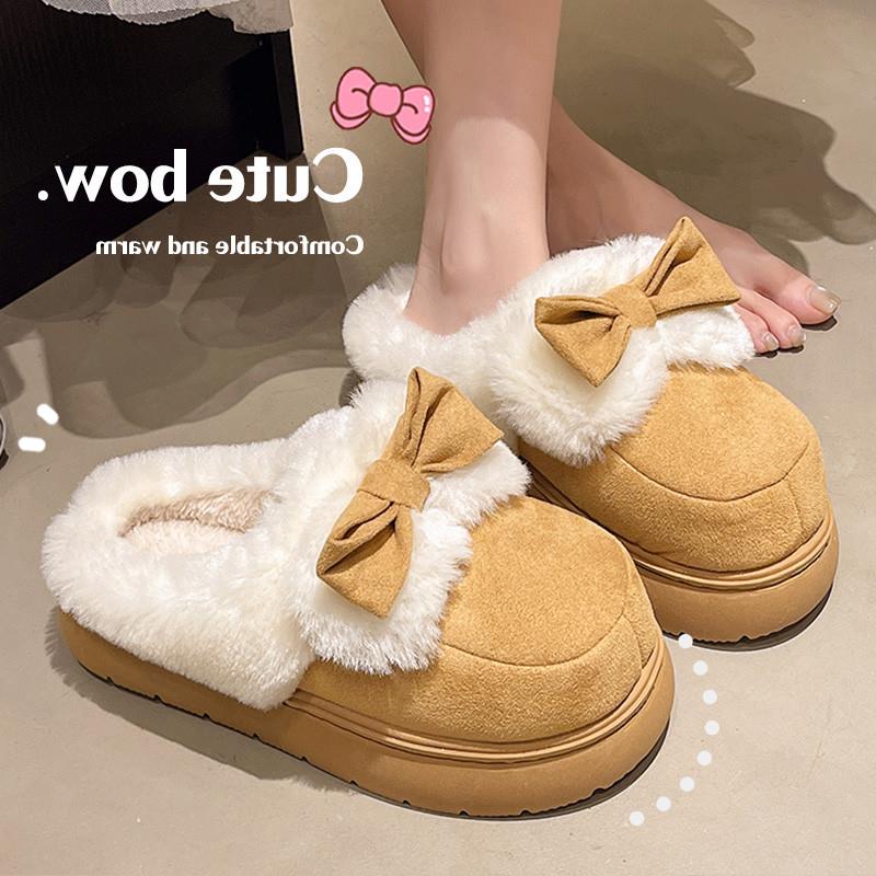 。2025年新款毛绒棉拖鞋女秋冬季室内居家可爱蝴蝶结保暖防滑月子