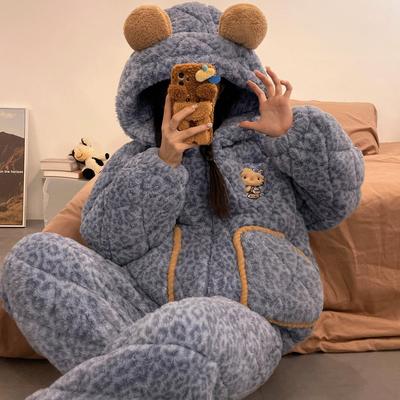 。秋冬季三层夹棉睡衣女轻松熊连帽加绒加厚珊瑚绒家居服可外穿套