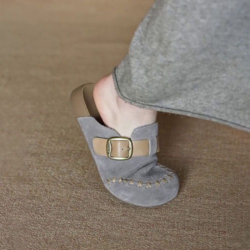 何其丑 复古风平底搭扣包头勃肯拖鞋女新款软底一脚蹬凉拖女外穿