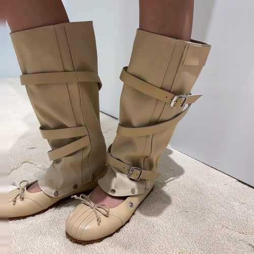 臭卖鞋的两穿可拆卸芭蕾靴女甜酷蝴蝶结单鞋复古大筒围显瘦堆堆靴