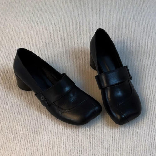 羊皮版~小众懒人一脚蹬复古风方头粗跟乐福鞋女真皮一脚蹬小皮鞋