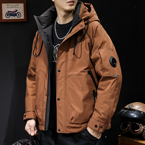 砖红羽绒服男冬季2024新款加厚保暖连帽男士短款潮牌工装外套大码