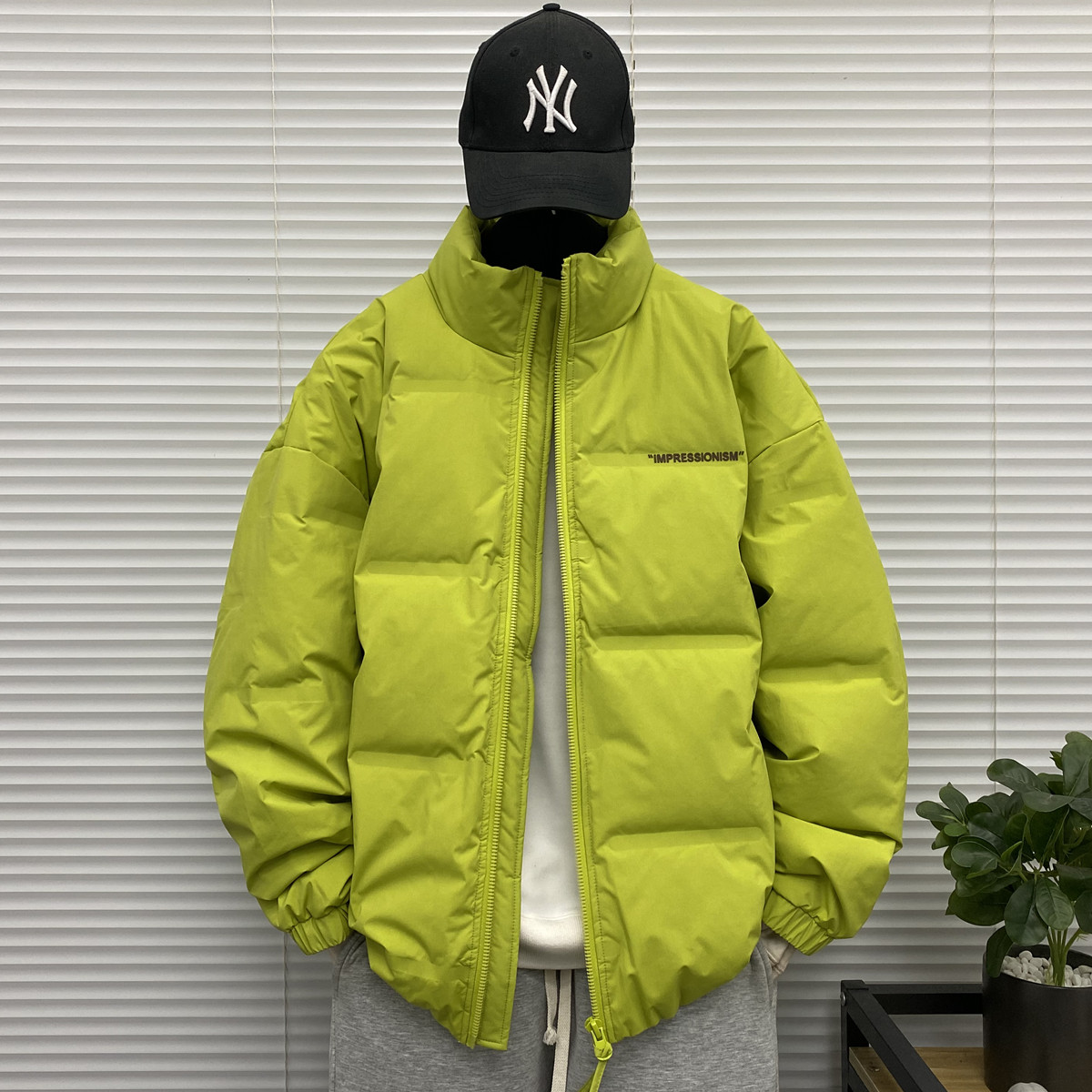 无帽立领压花软壳羽绒服男士冬季装大码青少年胖子字母羽绒外套潮