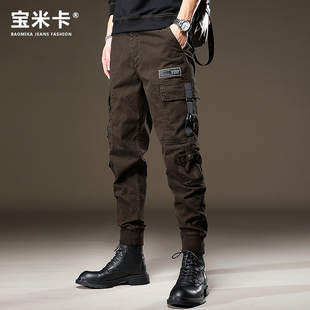 春季潮流美式伞兵工装裤男潮牌咖啡色裤子男机能长裤男士休闲裤