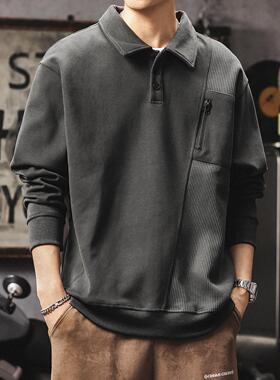 美式重磅长袖POLO衫男日系设计感痞帅翻领卫衣男款高级感翻领上衣
