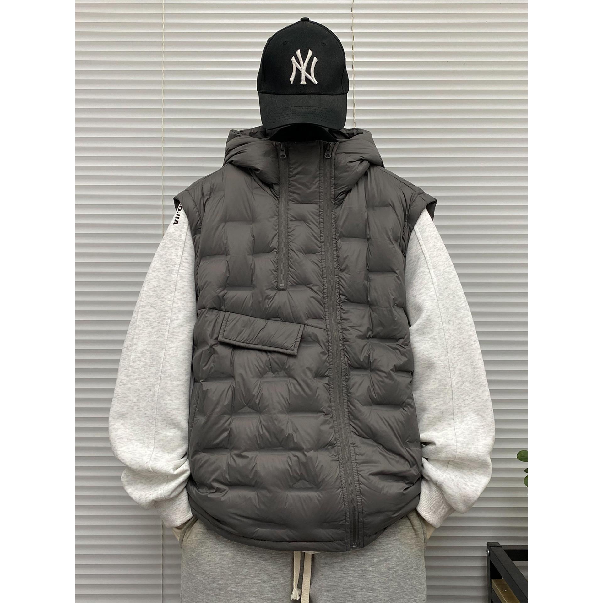 不对称格子连帽羽绒马甲男士冬季装大码青少年保暖无袖坎肩外套潮