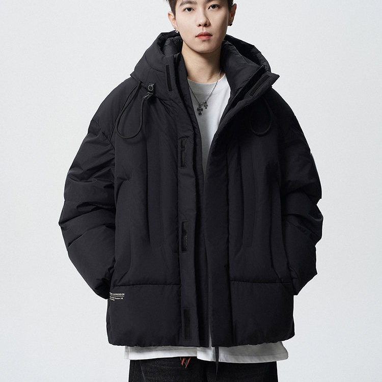 东北极寒加厚高充绒量黑色羽绒服男潮牌冬季连帽短款鸭绒保暖外套