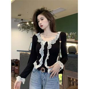 显瘦气质短款 修身 小众上衣女 新款 德绒小香风蕾丝加绒拼接女秋冬季