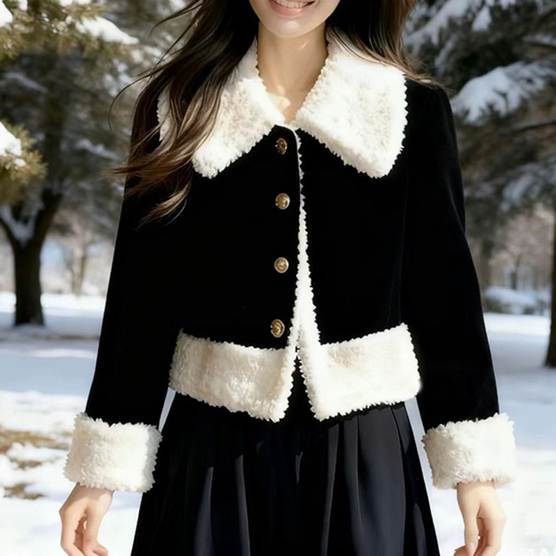 小香风设计感翻领羊羔毛保暖外套2025冬新款气质撞色好看加绒棉服
