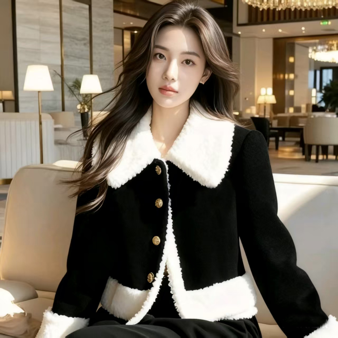 2025冬季今年爆款百搭加绒上衣女独特超好看蓝色羊羔毛翻领外套