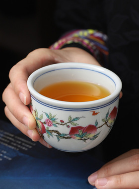 复古九桃主人杯青花粉彩缸杯个人杯景德镇陶瓷功夫茶杯大号单茶杯