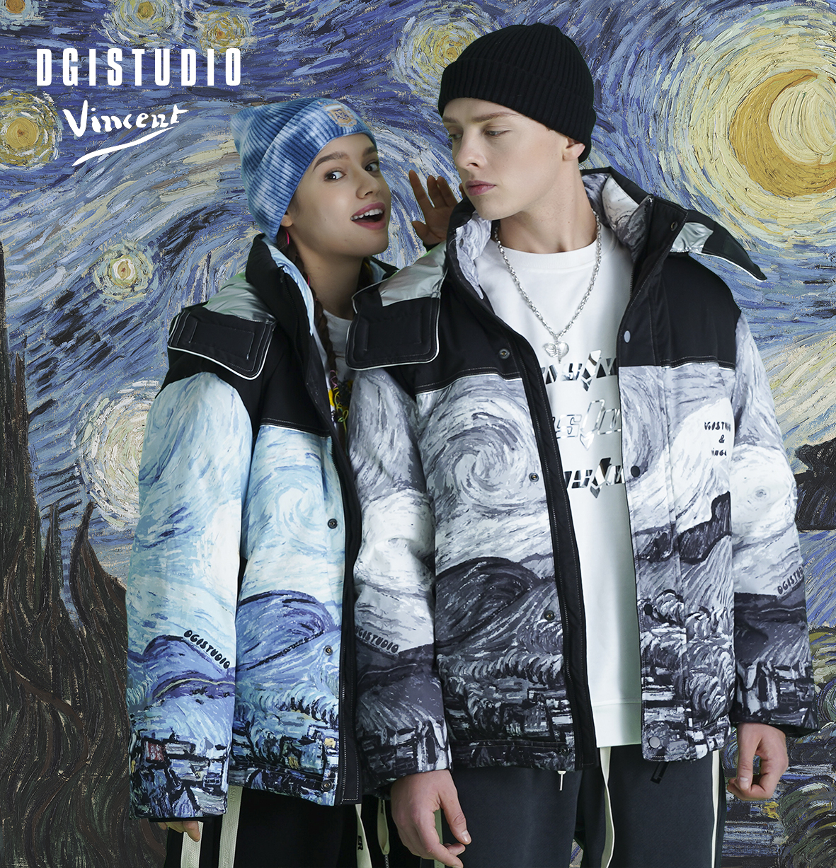 【梵高星月夜联名】新款外套90白鸭绒羽绒服潮牌男女情侣款L