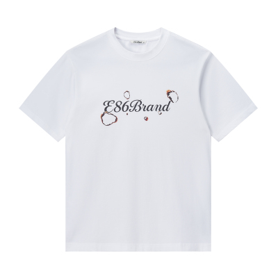 E86BRAND火烧痕logo 美式街头风字母印花火焰纯棉圆领透气短袖