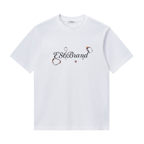 E86BRAND火烧痕logo 美式街头风字母印花火焰纯棉圆领透气短袖