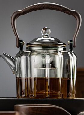 高硼硅玻璃茶壶塑胶把煮双胆蒸煮一体 围炉煮茶提梁壶耐热玻璃