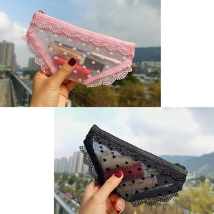 新款粉色三角形内裤性感形状网纱便携化妆包女小号透明口红收纳包