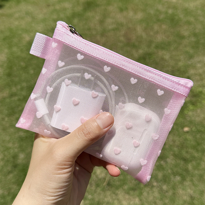 新款粉色桃心便携随身收纳包ins植绒化妆包口红包 气垫收纳包简约