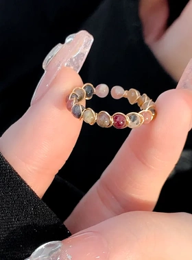 天然石碧玺戒指女小众设计高级感素圈戒指复古尾戒开口食指戒指女