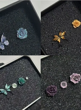 超仙薄荷蝴蝶玫瑰耳钉暗夜紫色花朵闪钻耳骨钉套装女时尚百搭耳饰