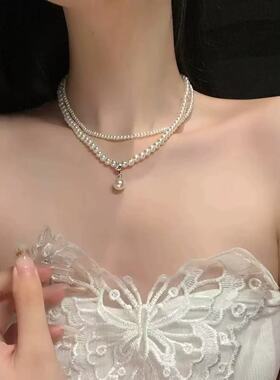 法式复古珍珠双层项链女款高级感轻奢小众锁骨链甜美气质百搭配饰