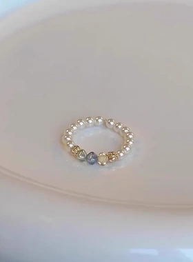 烟雨彩色捷克珠珍珠戒指女小众设计高级感法式独特直销