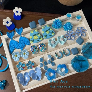 「蓝调时分」滴油花朵耳环轻奢高级感清新甜美气质耳钉度假风耳饰