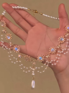 「夜莺蔷薇 」法式月光石珍珠项链女在逃公主精致轻奢超闪锁骨链