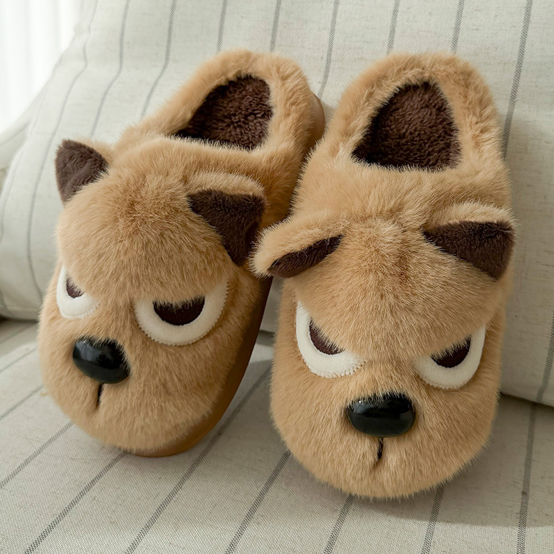卡通生气小狗棉拖居家棉拖鞋女加绒棉拖鞋男保暖鞋月子鞋包头