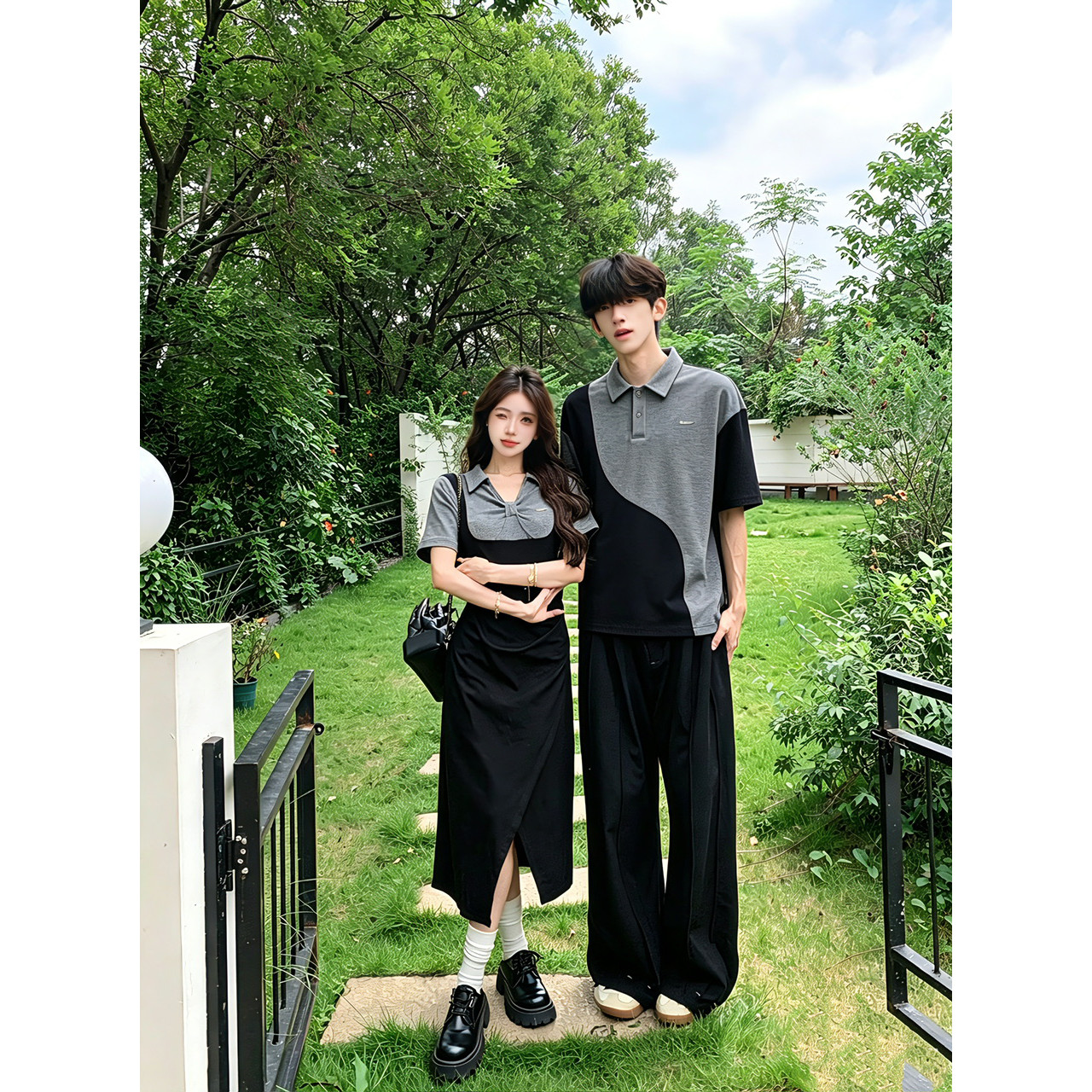 夏日绝美小裙子夏季穿搭polo收腰连衣裙女黑色假两件背带开叉长裙