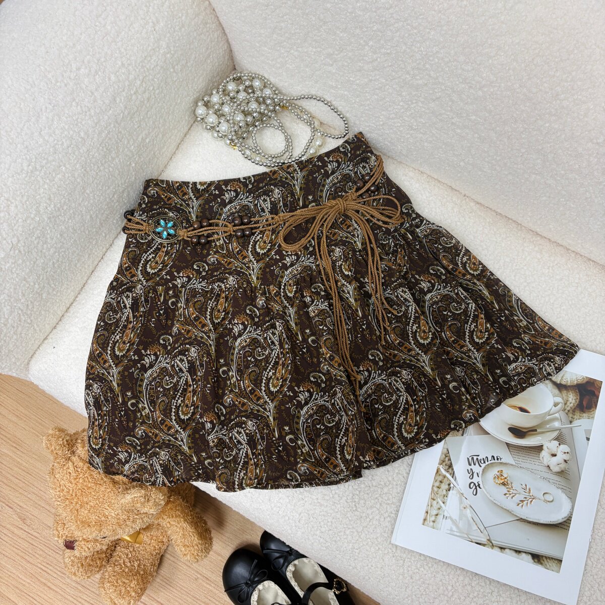 复古咖色碎花半身裙女士夏季新款韩系高腰显瘦a字裙短款雪纺短裙