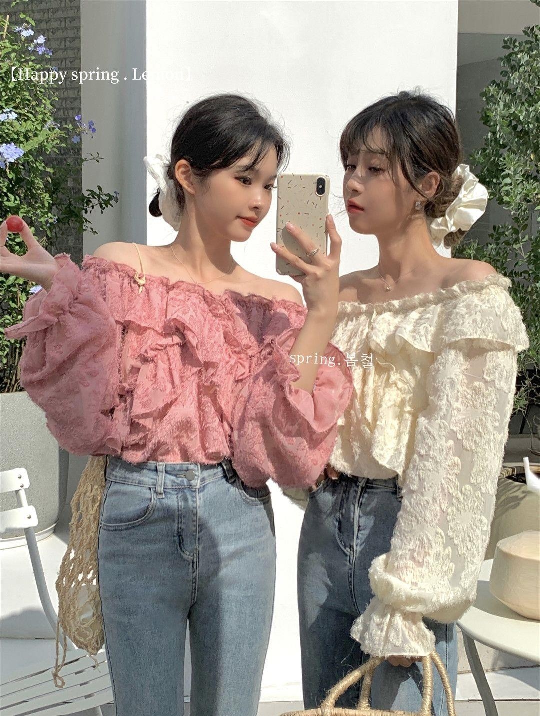 设计感蕾丝碎花衬衣女早春新款荷叶边一字肩法式上衣