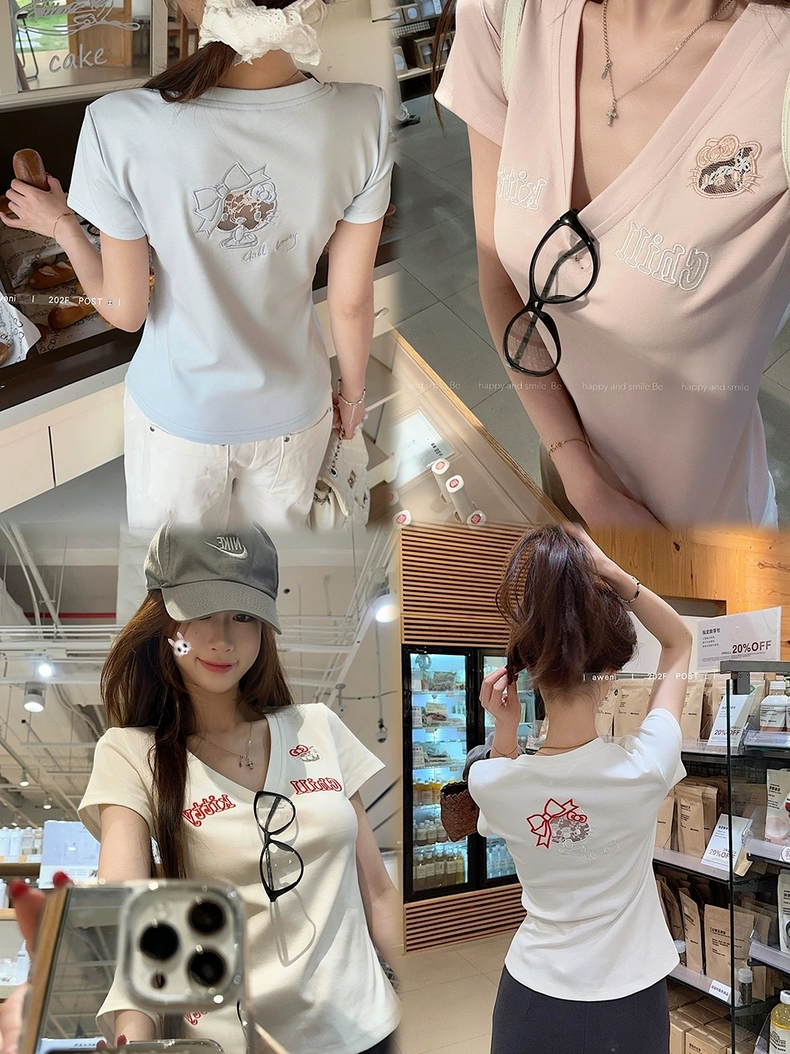 【金金宠粉】8899#纯棉V领内搭短袖T恤女夏季小众修身打底衫上衣