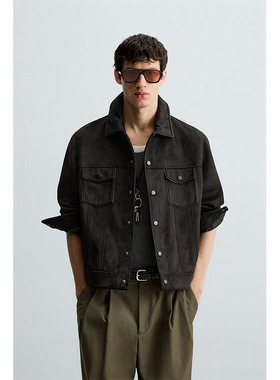 2025秋冬男装反绒皮修身夹克仿麂皮绒翻领短款外套8281288 800