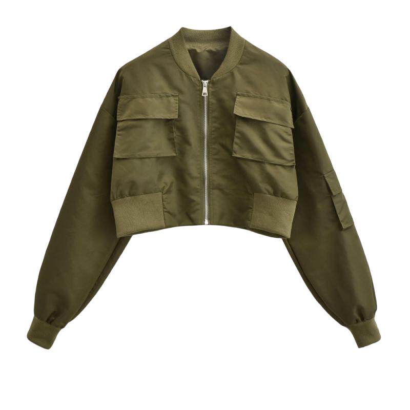 欧美复古辣妹飞行员夹克上衣女秋装新款设计感军绿色高腰短款外套