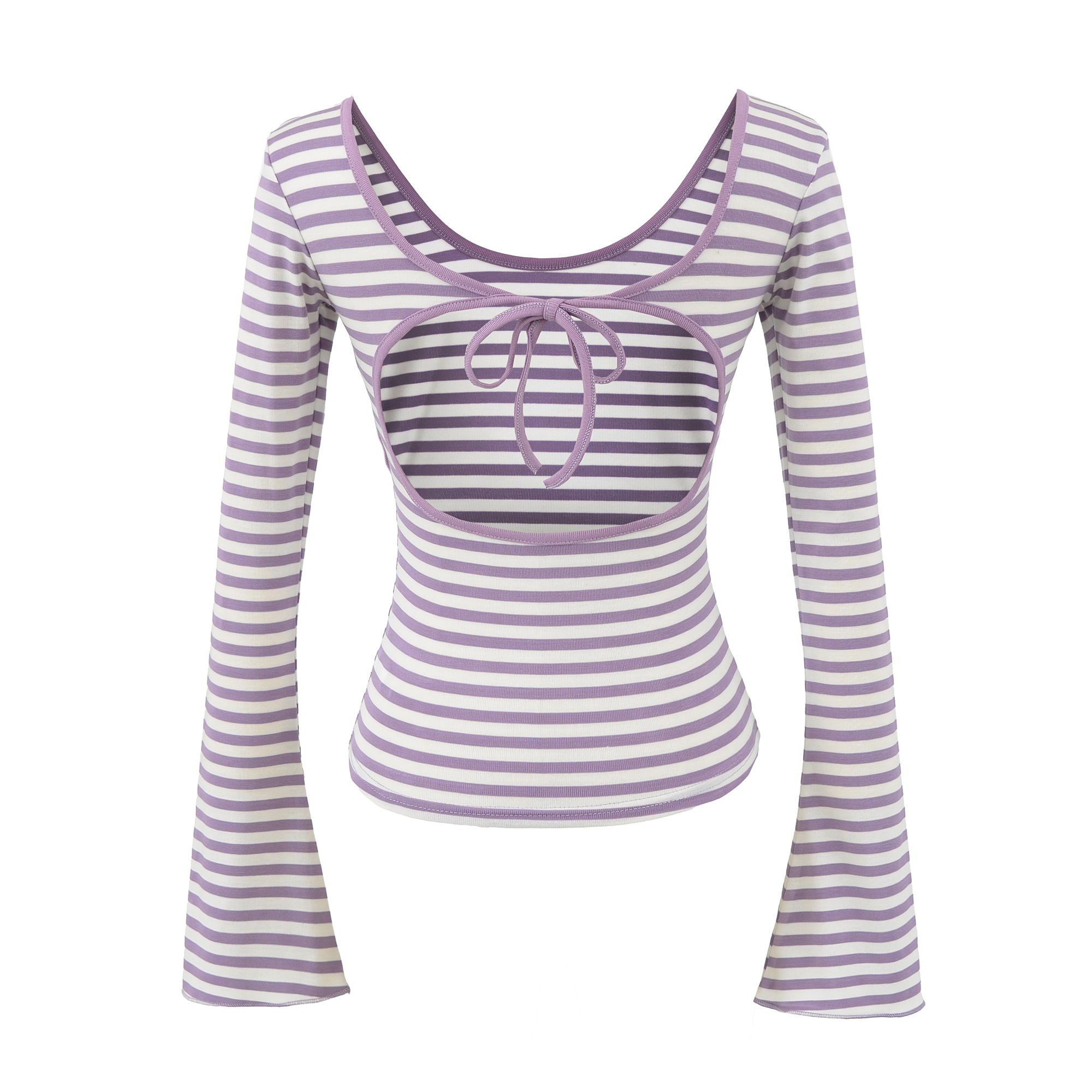 纯欲风U领露背系带条纹长袖T恤女