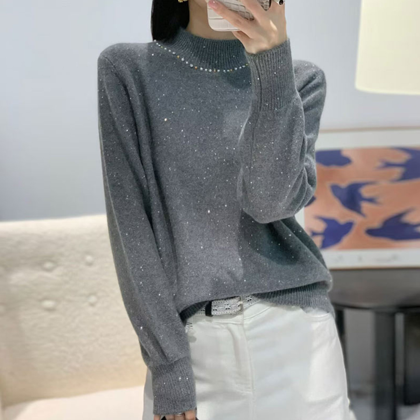亮片钉珠半高领毛衣女秋冬新款宽松气质百搭亮丝珠片针织打底衫