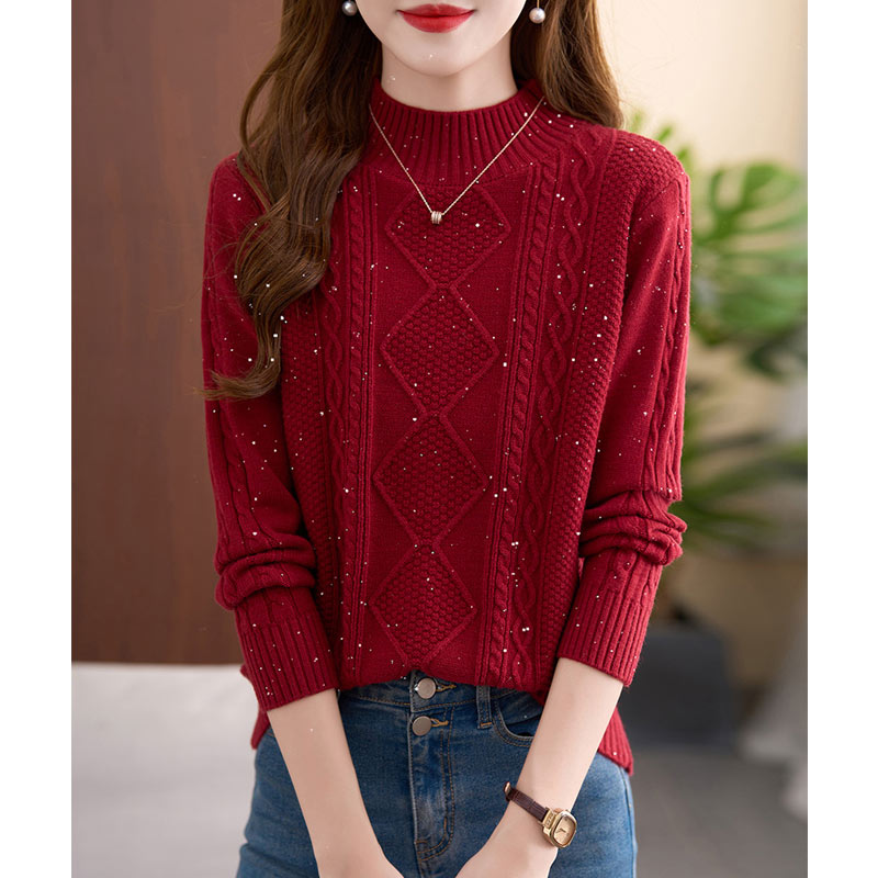 高领毛衣女秋冬亮片打底衫加厚