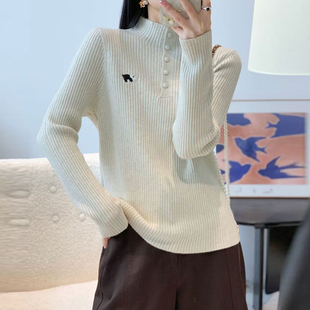 半排纽扣立领打底衫女秋冬新款刺绣弹力宽松显瘦内搭半高领毛衣