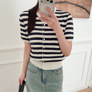 冰丝短袖针织开衫收腰条纹气质上衣早春夏季新款女装2026薄款t恤