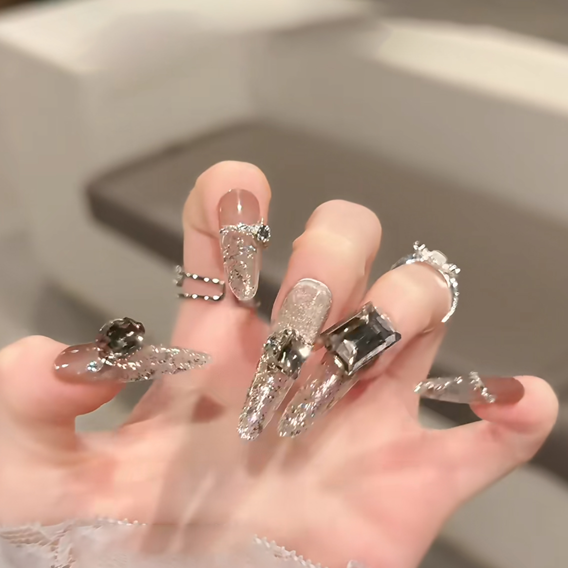 春夏手工穿戴美甲长款冰透爆闪