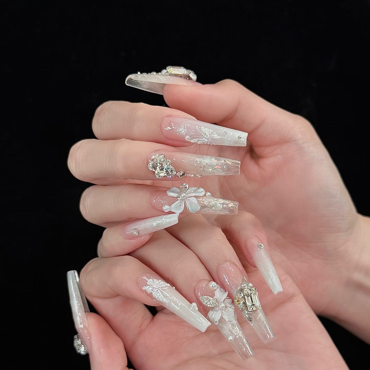 纯手工穿戴美甲长款梯形冰花