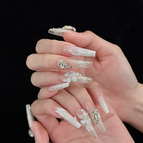 纯手工穿戴美甲长款梯形冰花