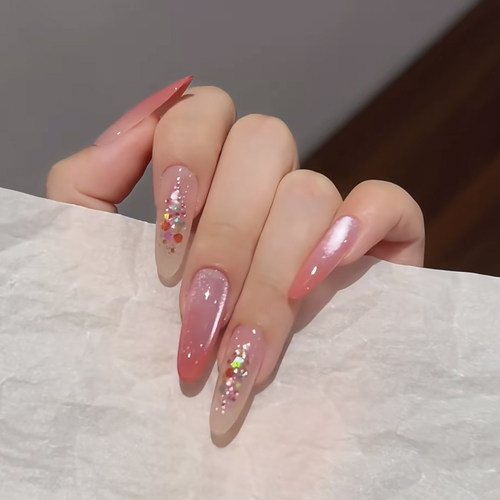 新款手工穿戴美甲长杏仁法式粉