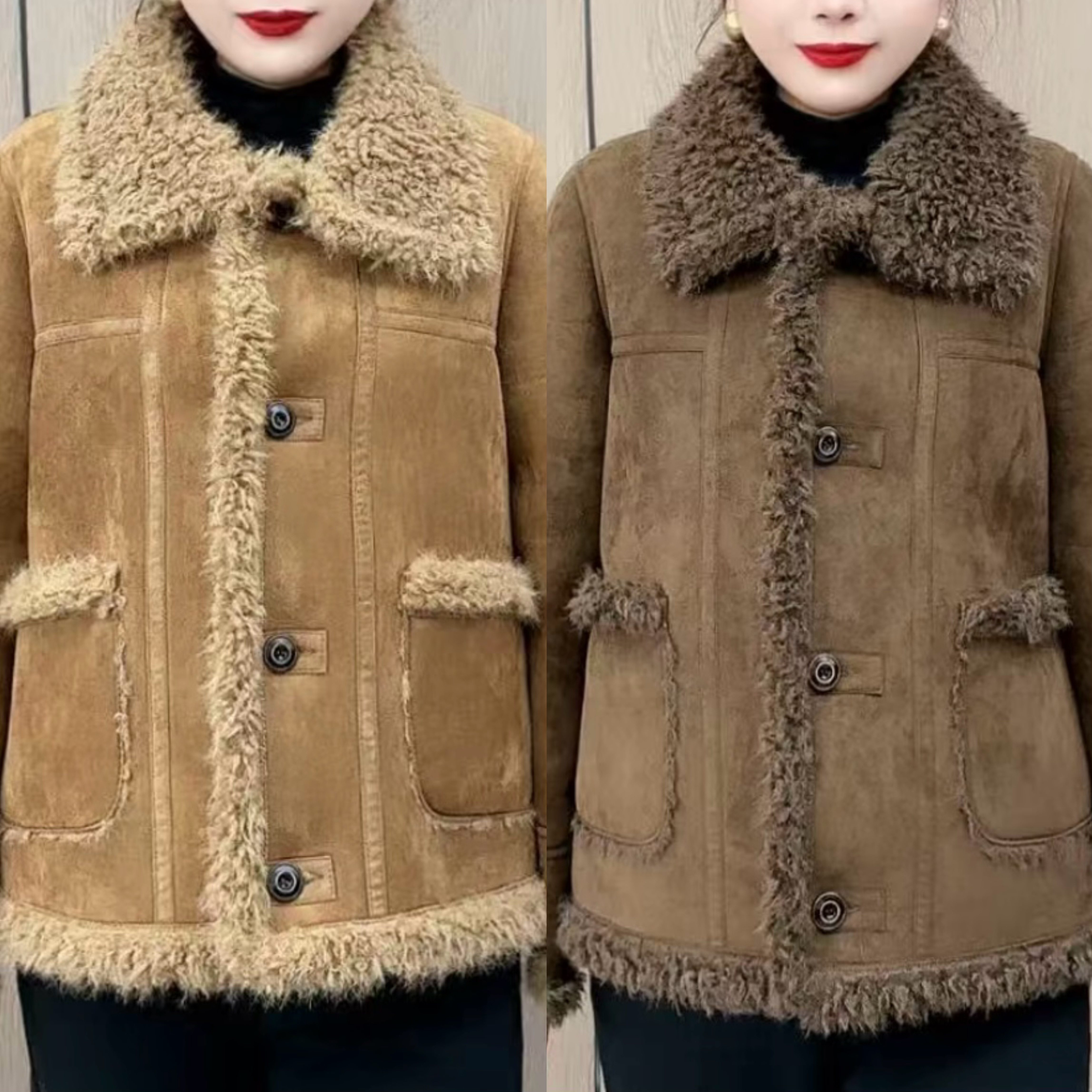 网红皮毛一体翻领仿羊羔毛外套女