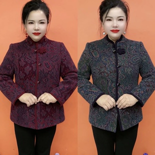 秋冬新款时尚立领复古花色加棉加厚棉袄宽松保暖气质中老年女棉衣