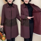 春秋新款 网红中老年大衣 妈妈外套里衬中国风翻领拼色风衣女中长款