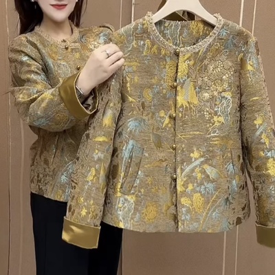 春秋新中式金色盘扣提花短外套女