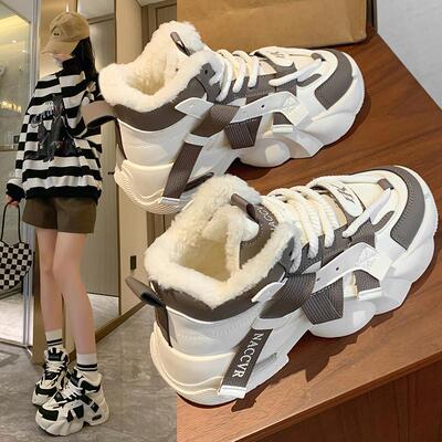 ins韩版新款加绒老爹鞋女2024冬季学生运动厚底休闲保暖YB2805-2