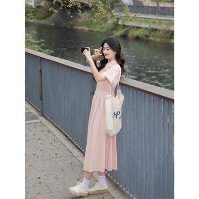 粉色polo衬衫连衣裙子女夏季2024新款法式度假风收腰旅游穿搭长裙